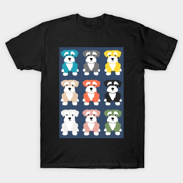 Rainbow of Miniature Schnauzer Dogs on Dark Blue Background T-Shirt by NattyDesigns